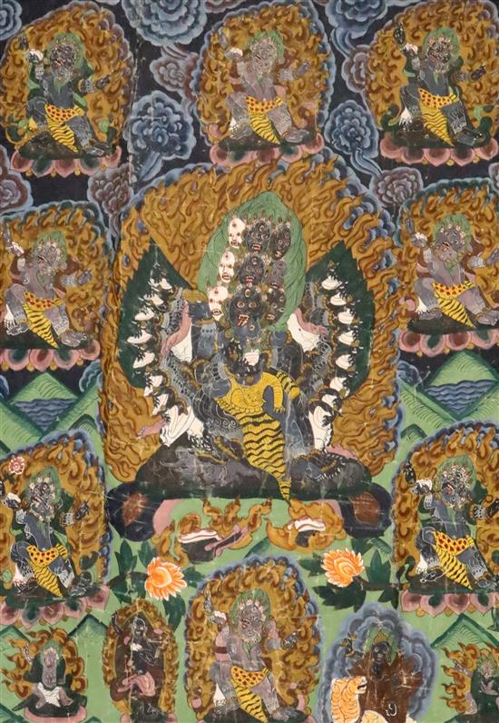 A thangka depicting a Buddhist wrathful deity, Tibet, first half 20th century, Total size 106cm x 72cm
